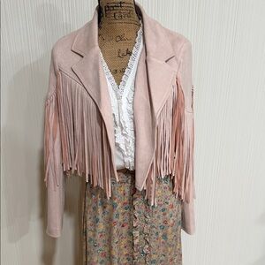 Wisteria Lane Cropped Blush Pink Fringe Suede-Style Women's Jacket